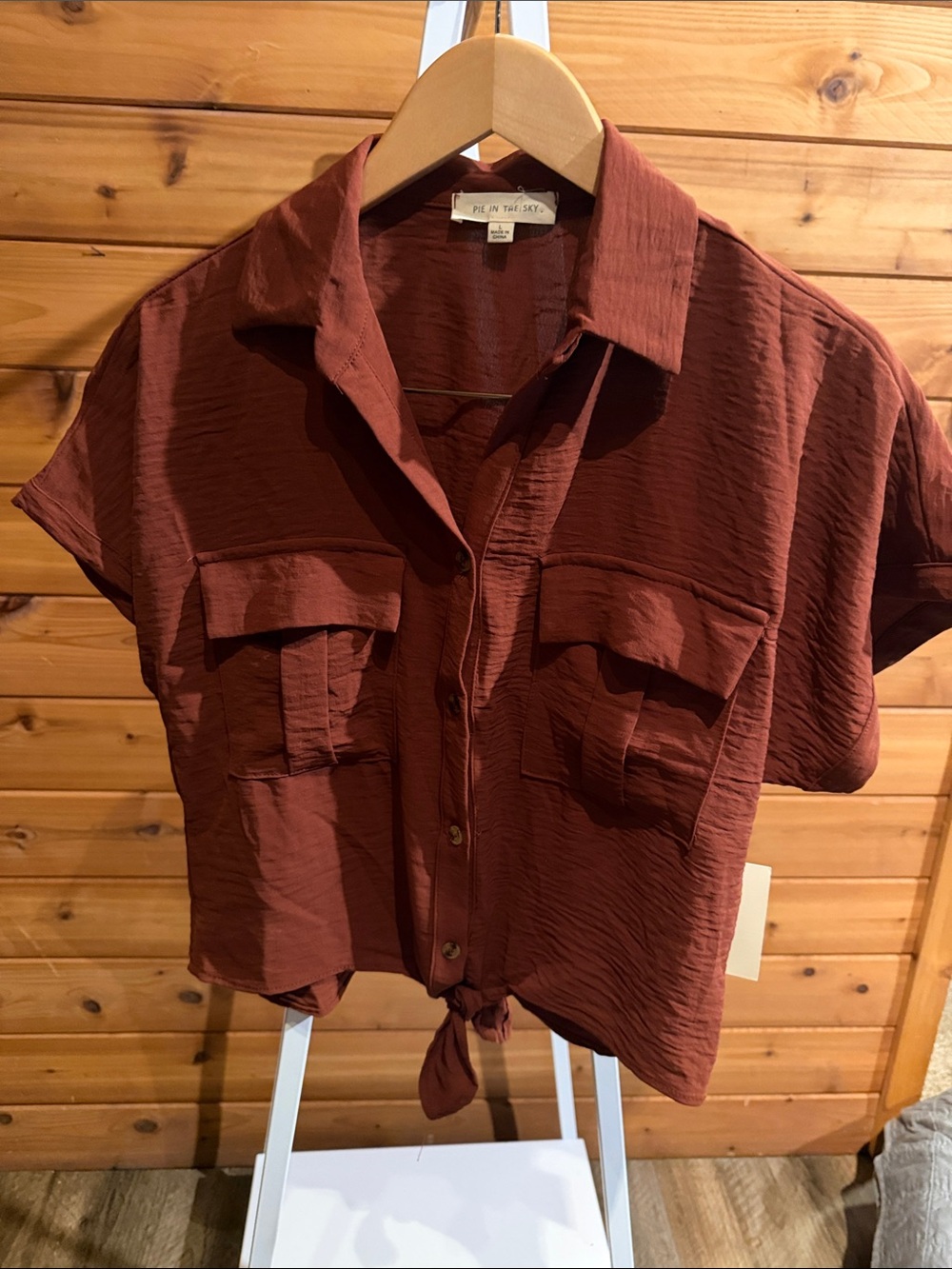 Pie in the Sky Cropped Button-Front Tie Shirt in Warm Rust
